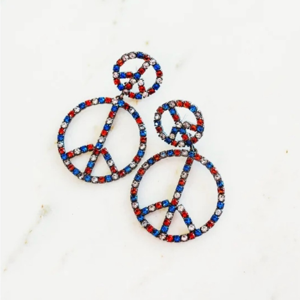 Patriotic Red and Blue Dangle Earrings with Peace Sign